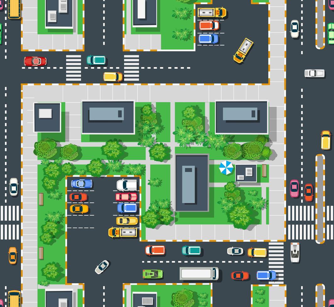 Urban top view area with building trees lawns vector