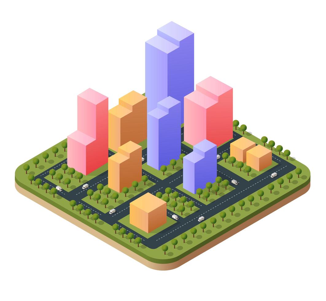 Paisaje de la ciudad isométrica de ilustración 3d de rascacielos vector