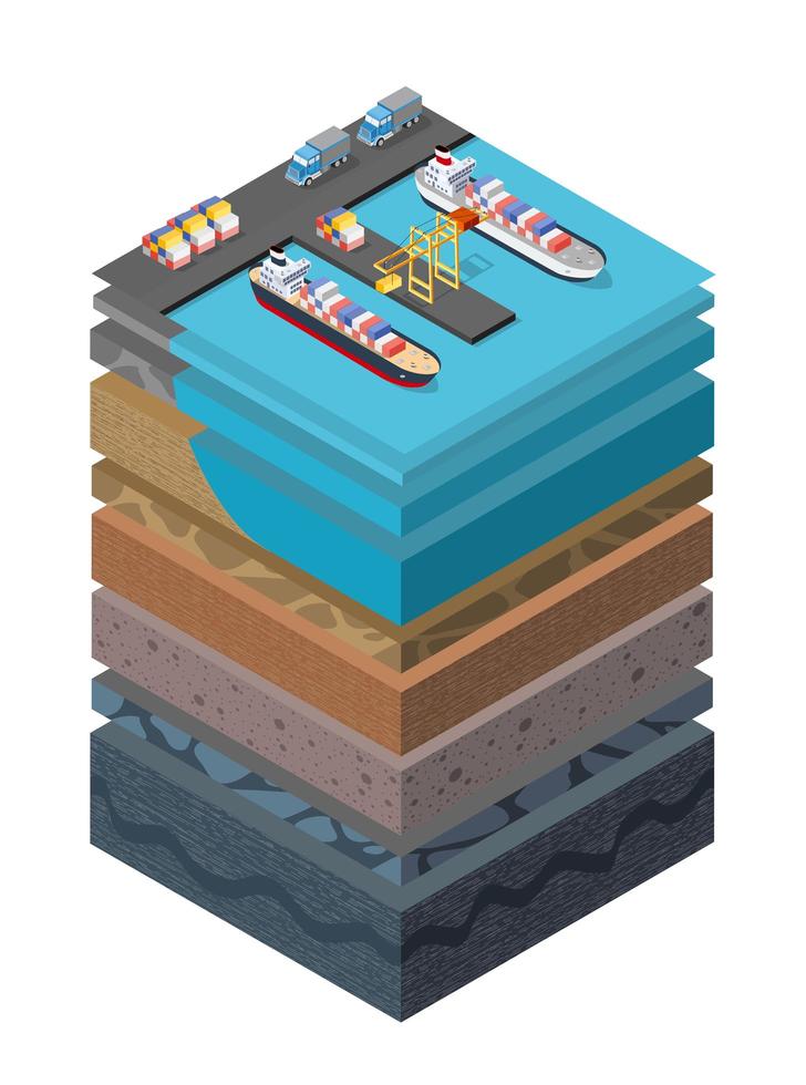 Soil Layers cross section geological sea surface ship harbor vector