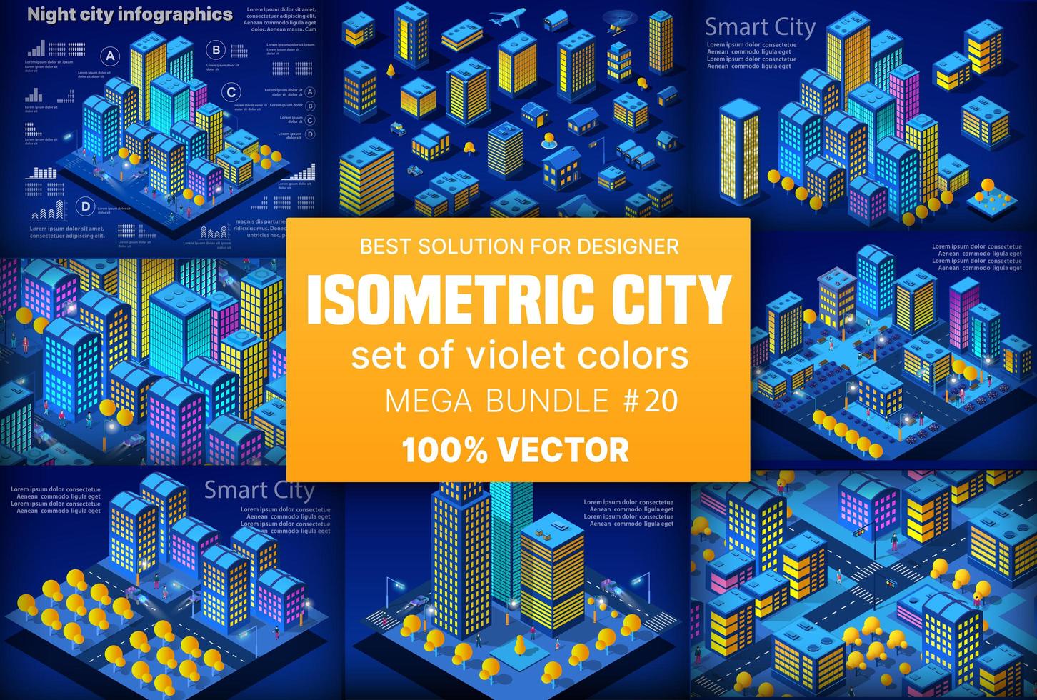 Night neon isometric city set of 3d module block district vector
