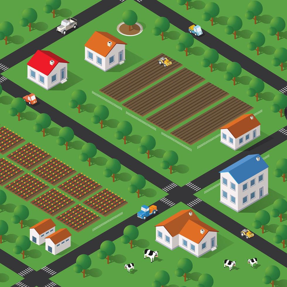 Granja isométrica con casas, calles y edificios. vector