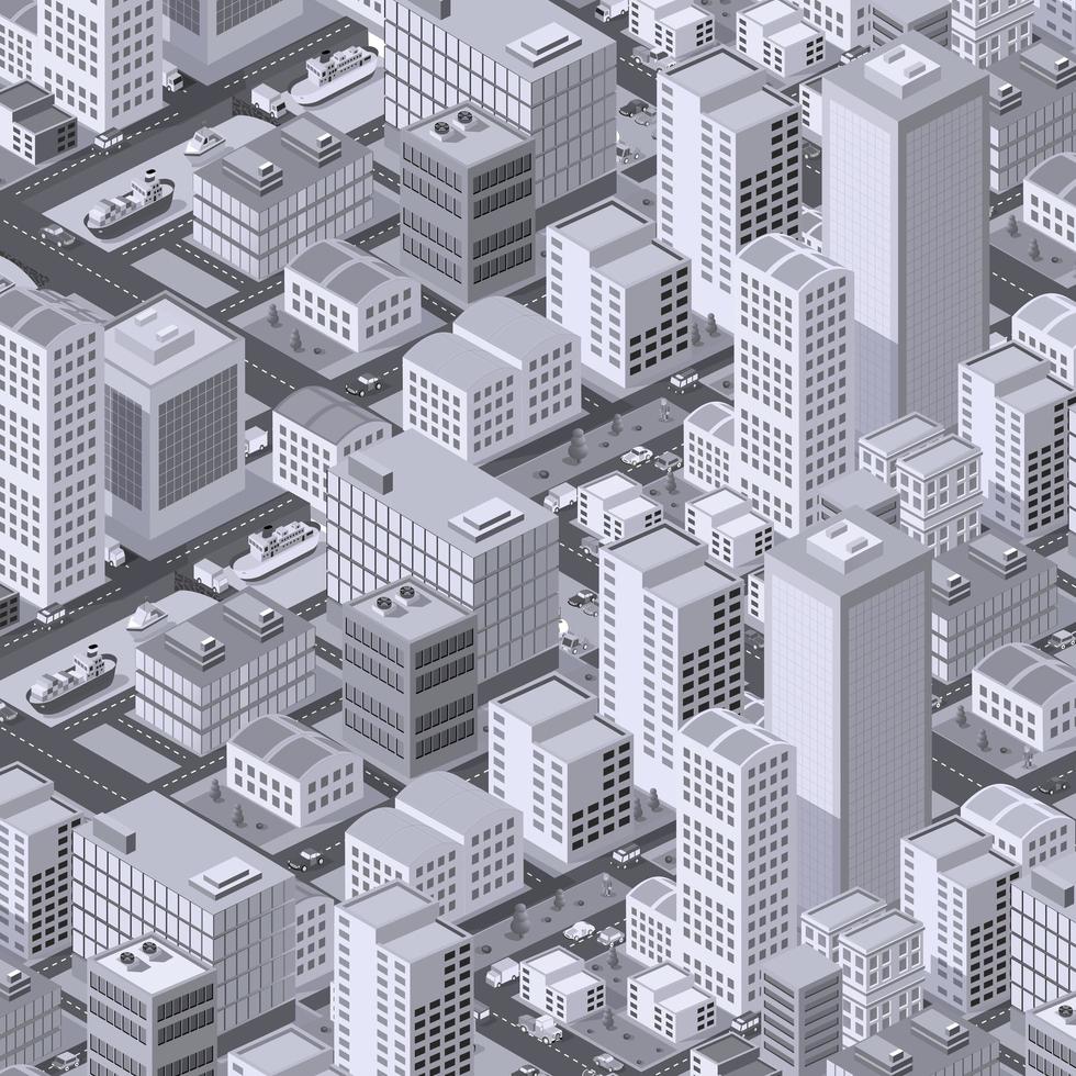 Urban isometric area with building trees lawns vector