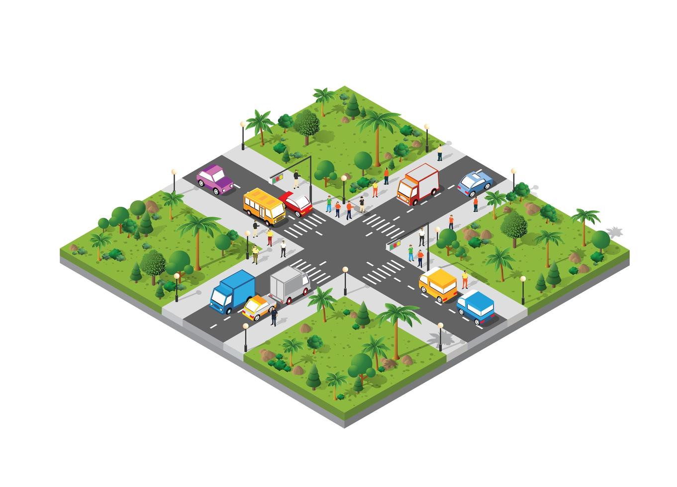 Isometric Crossroads intersection of streets with people and cars vector