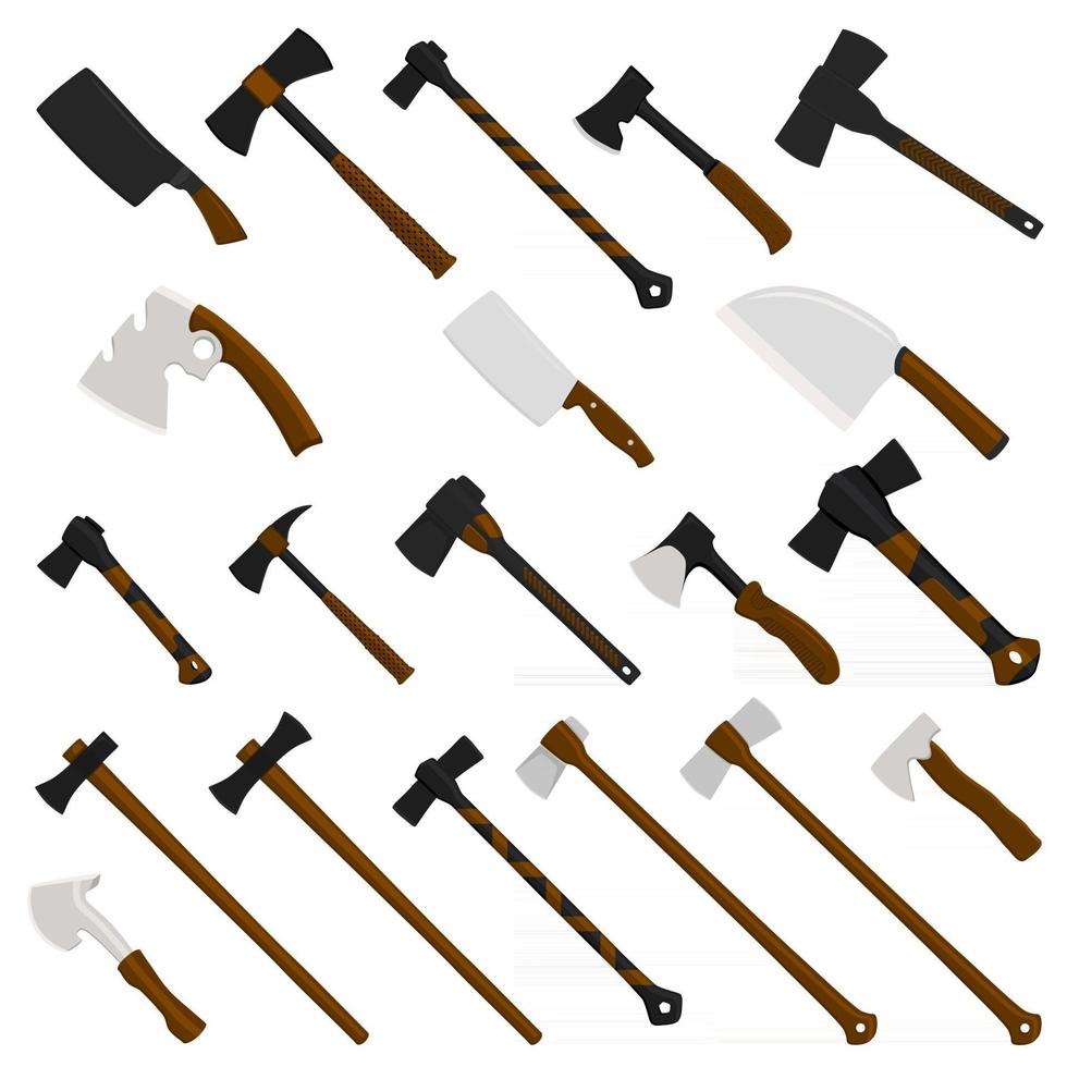 Illustration on theme big kit steel axes with wooden handle vector