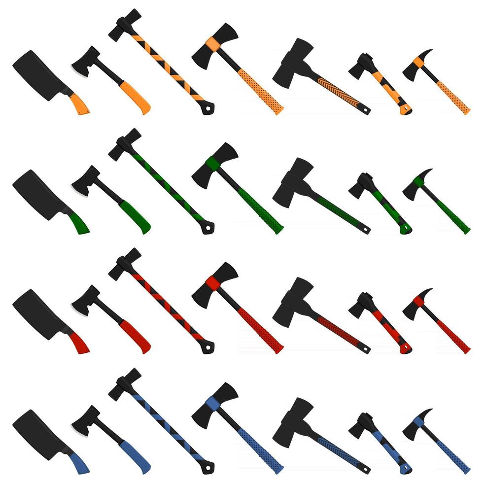 Illustration on theme big kit steel axes with wooden handle vector