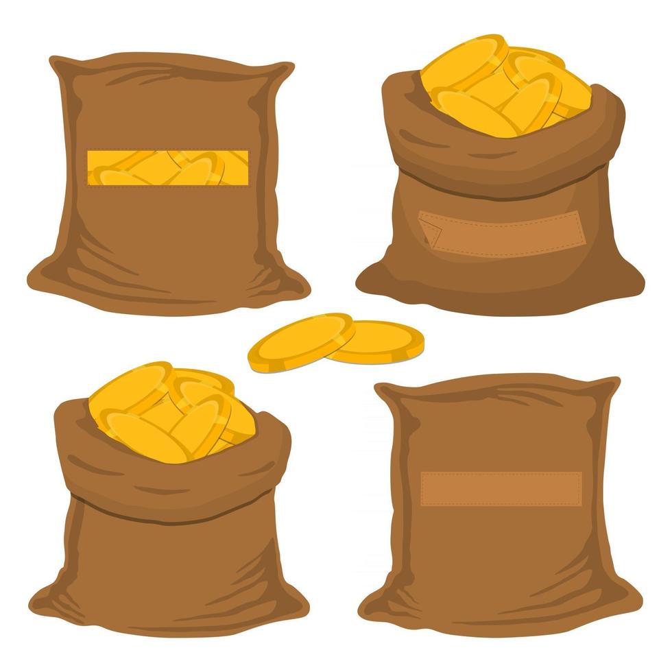 big colored set different types bags, full sack of coins vector