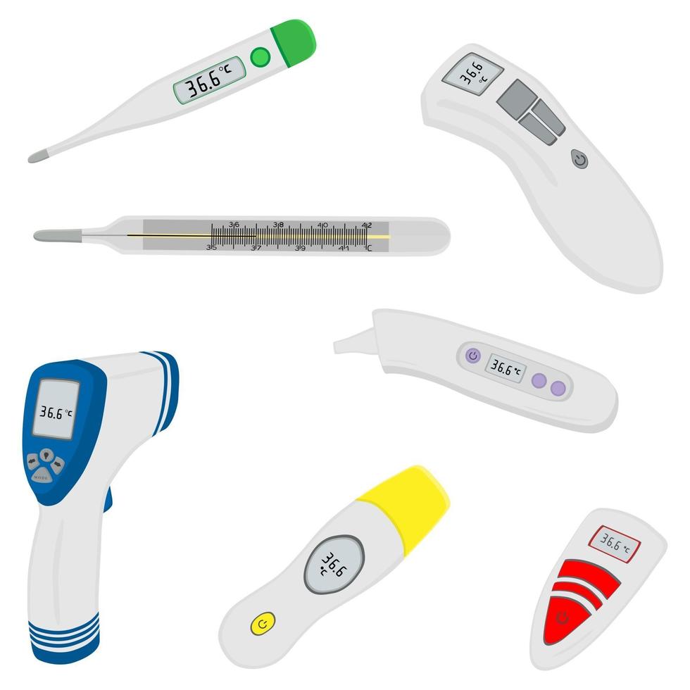 Gran conjunto de colores diferentes tipos de termómetros para hospital. vector