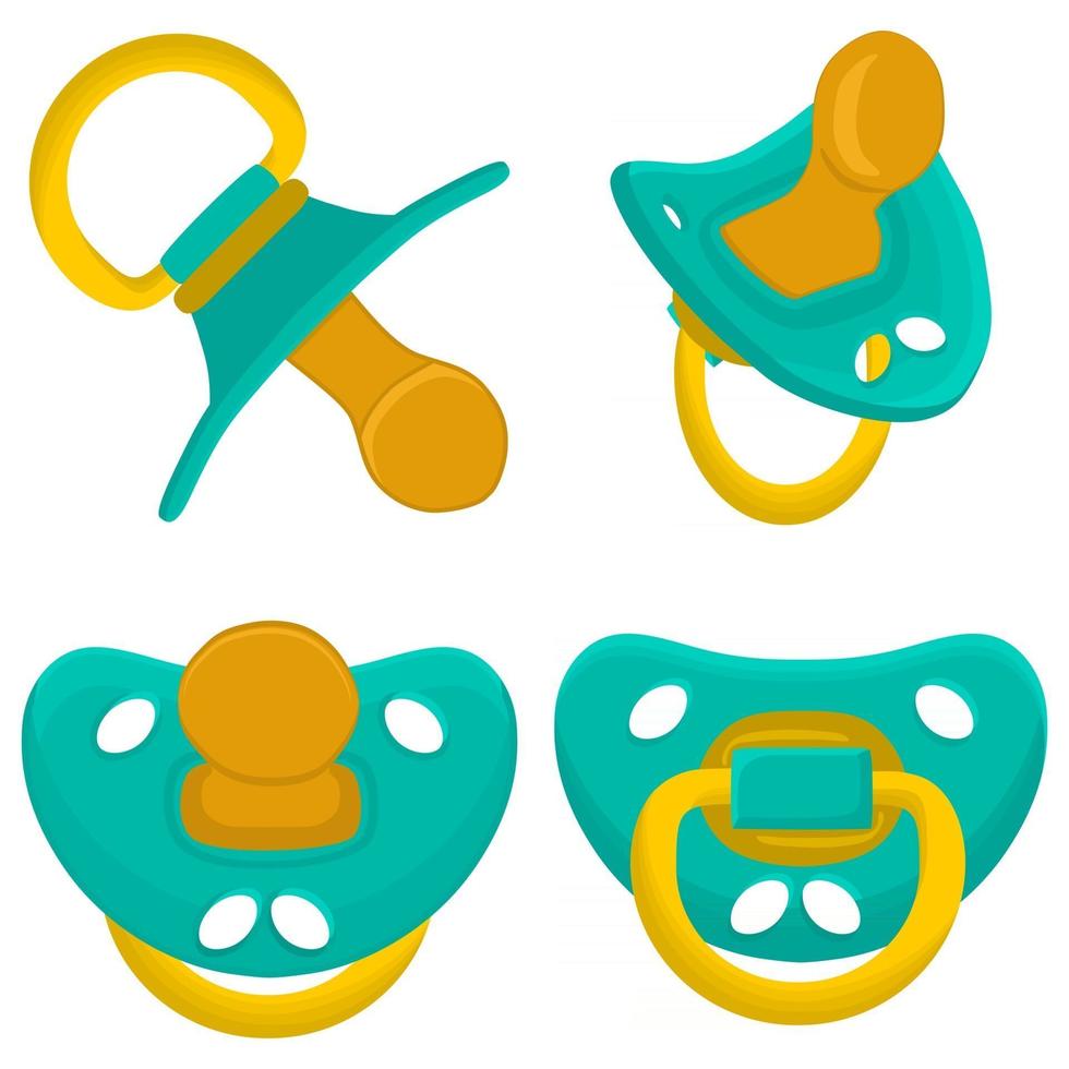 big colored set baby pacifiers, dummy with rubber nipple vector