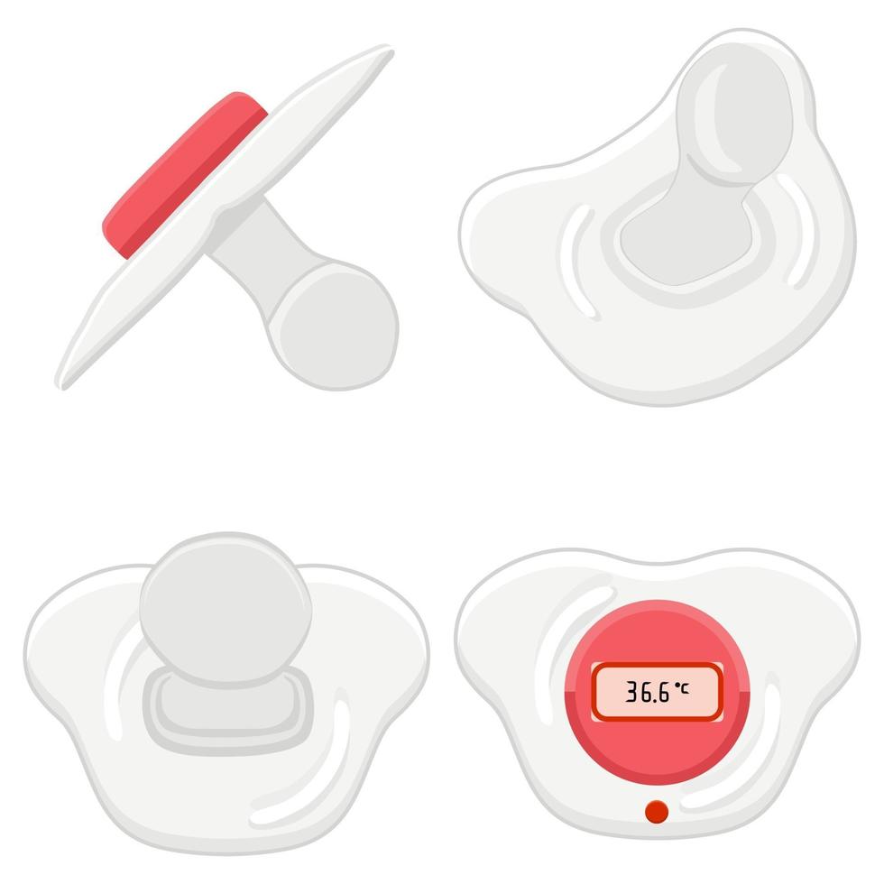 big colored set baby pacifiers, dummy with rubber nipple vector