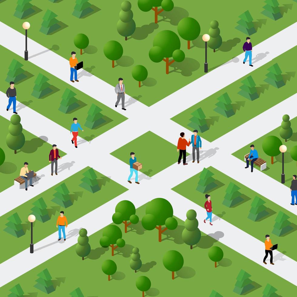 Isometric people lifestyle communication in an urban environment vector