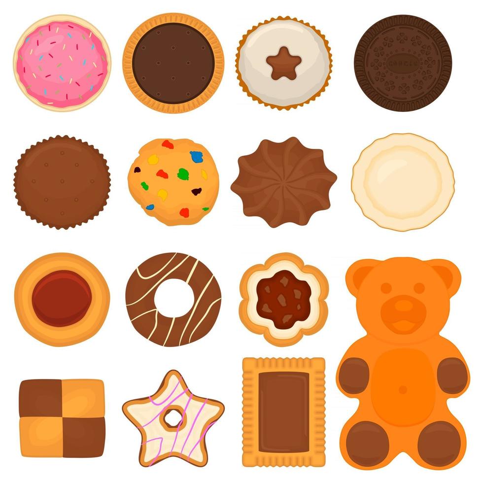 big set different biscuit, kit colorful pastry cookie vector