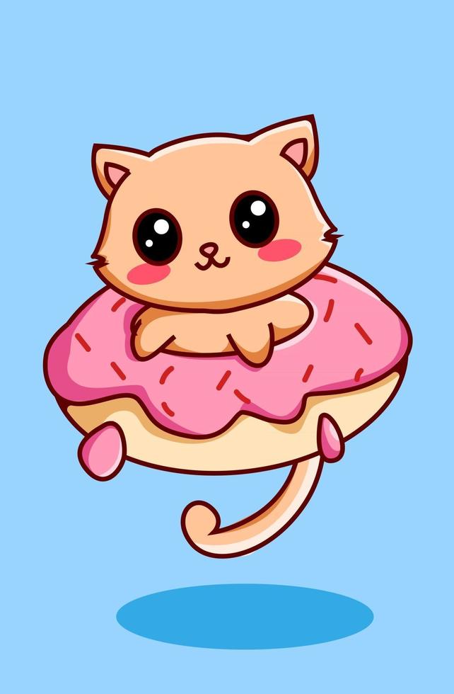 lindo y divertido gatito en donuts ilustración de dibujos animados de animales vector