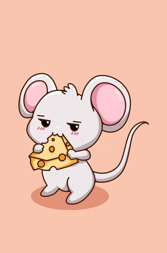 Ratoncito lindo y divertido con queso ilustración de dibujos animados de animales vector