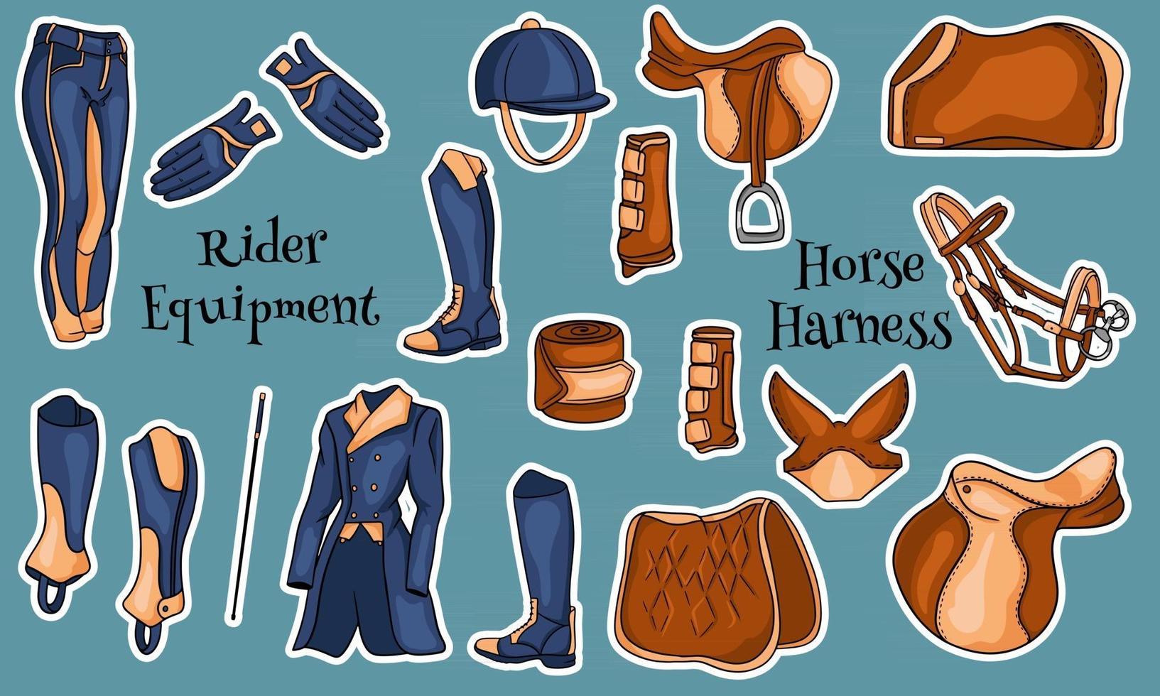 Big set of equipment for the rider and ammunition for the horse illustration in cartoon vector