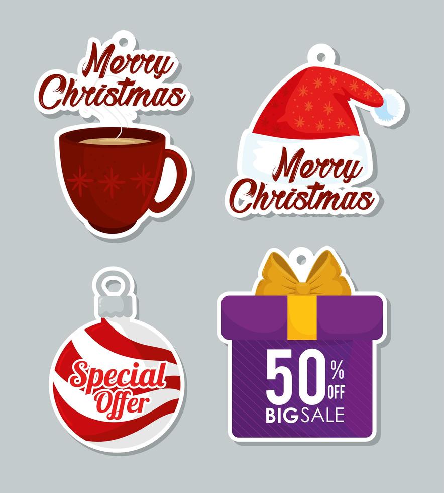 happy merry christmas letterings and icons vector