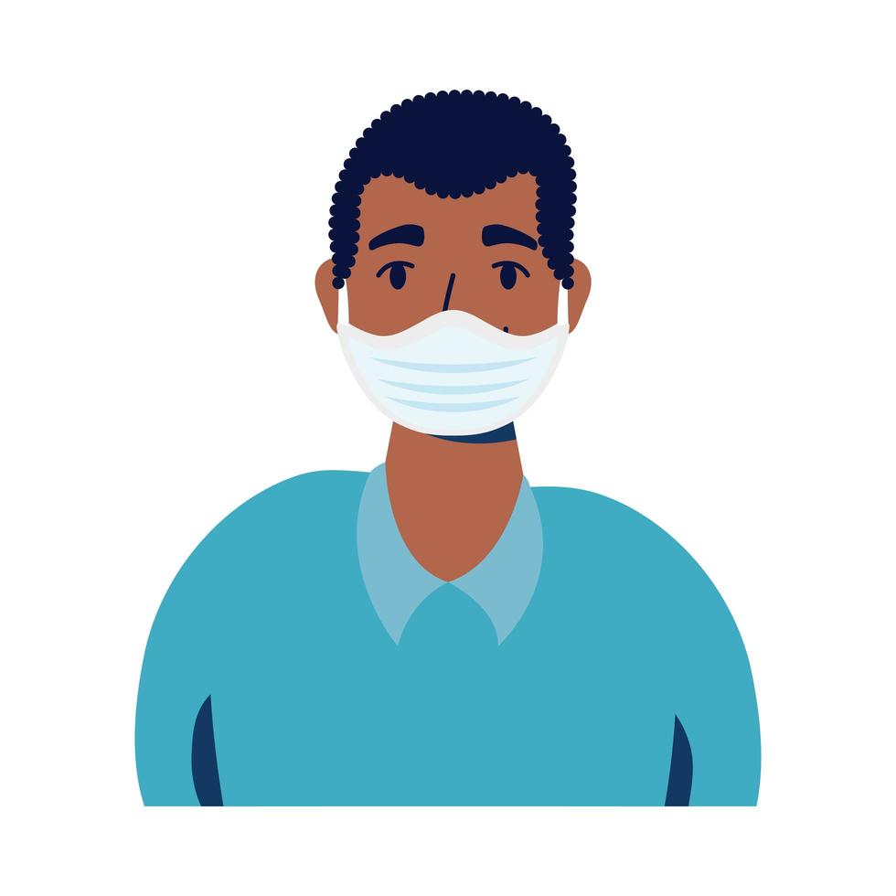 young afro man wearing medical mask character vector