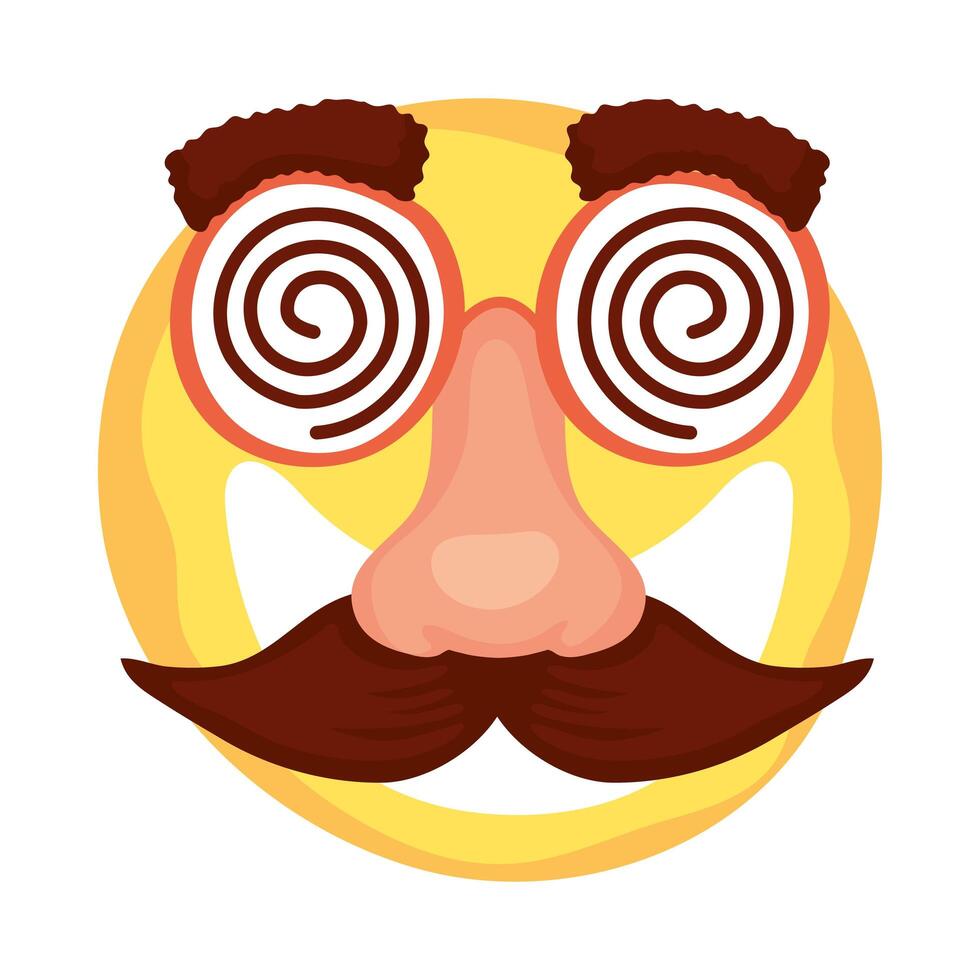 cara de emoji loco con bigote y gafas máscara día de los tontos vector