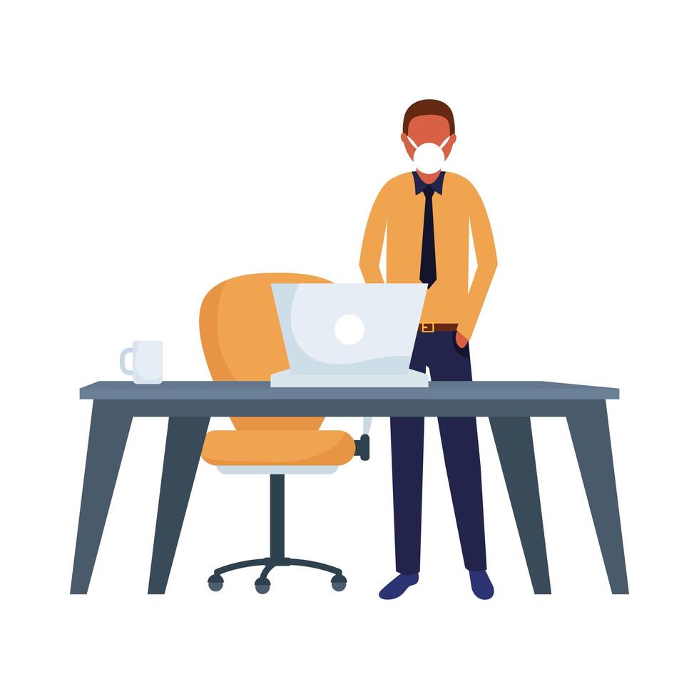 Man with medical mask on desk with laptop vector design