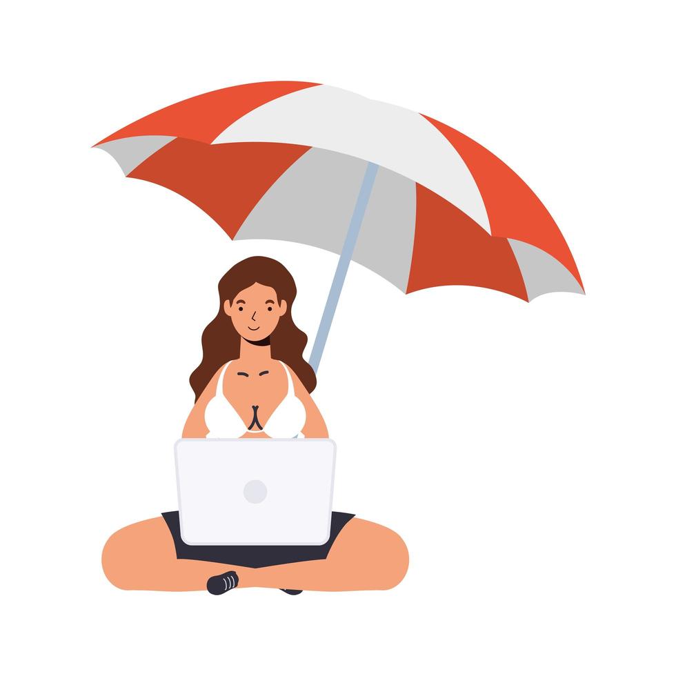 Girl cartoon with bikini laptop and umbrella vector design