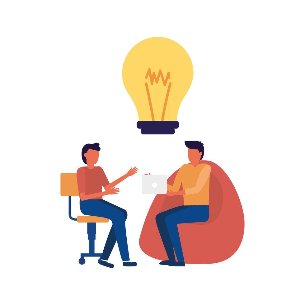 Men avatars on puf and chair with light bulb vector design