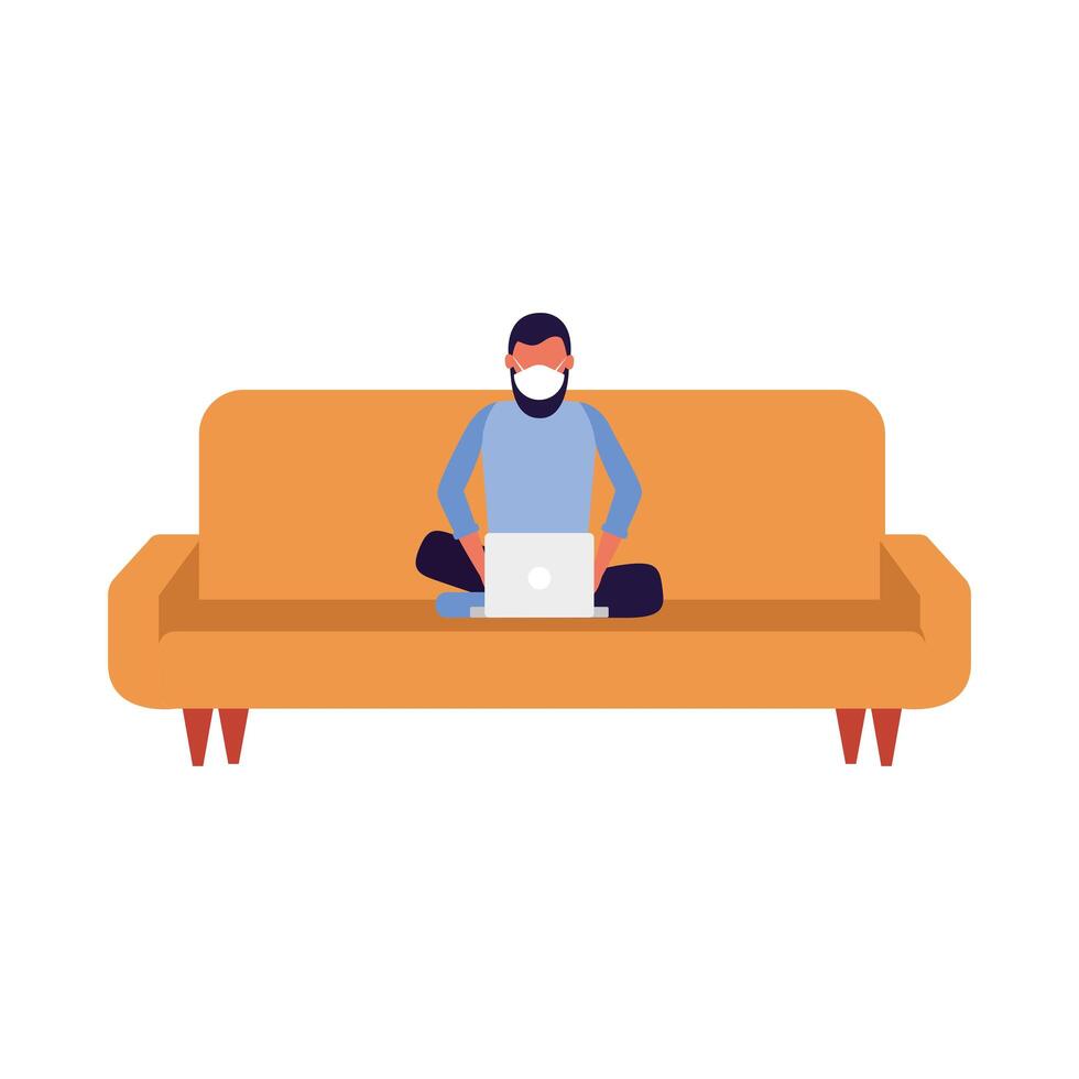 Man with medical mask and laptop on couch vector design