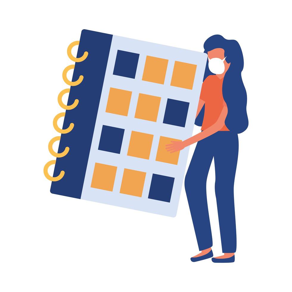 Mujer con máscara médica y diseño vectorial de calendario vector