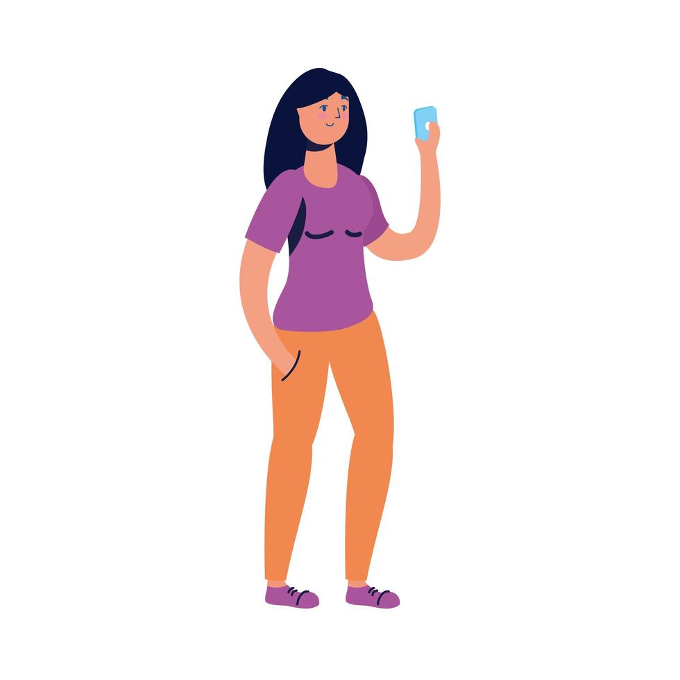 young woman female using smartphone character vector