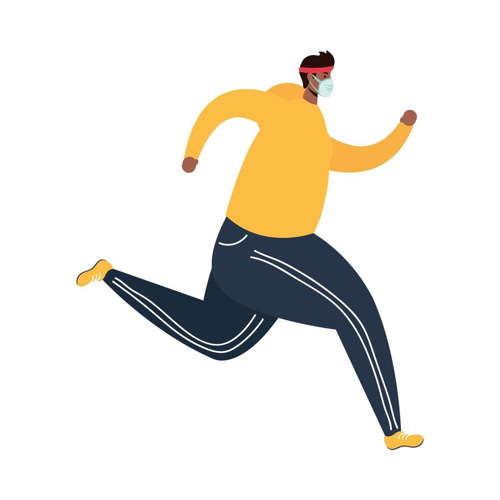 young afro man wearing medical mask running avatar character vector