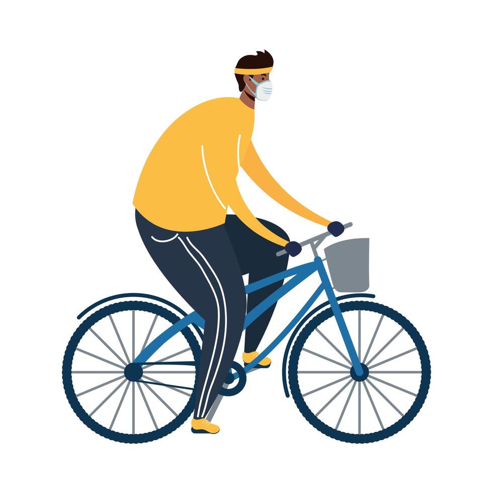 young afro man wearing medical mask in bicycle character vector