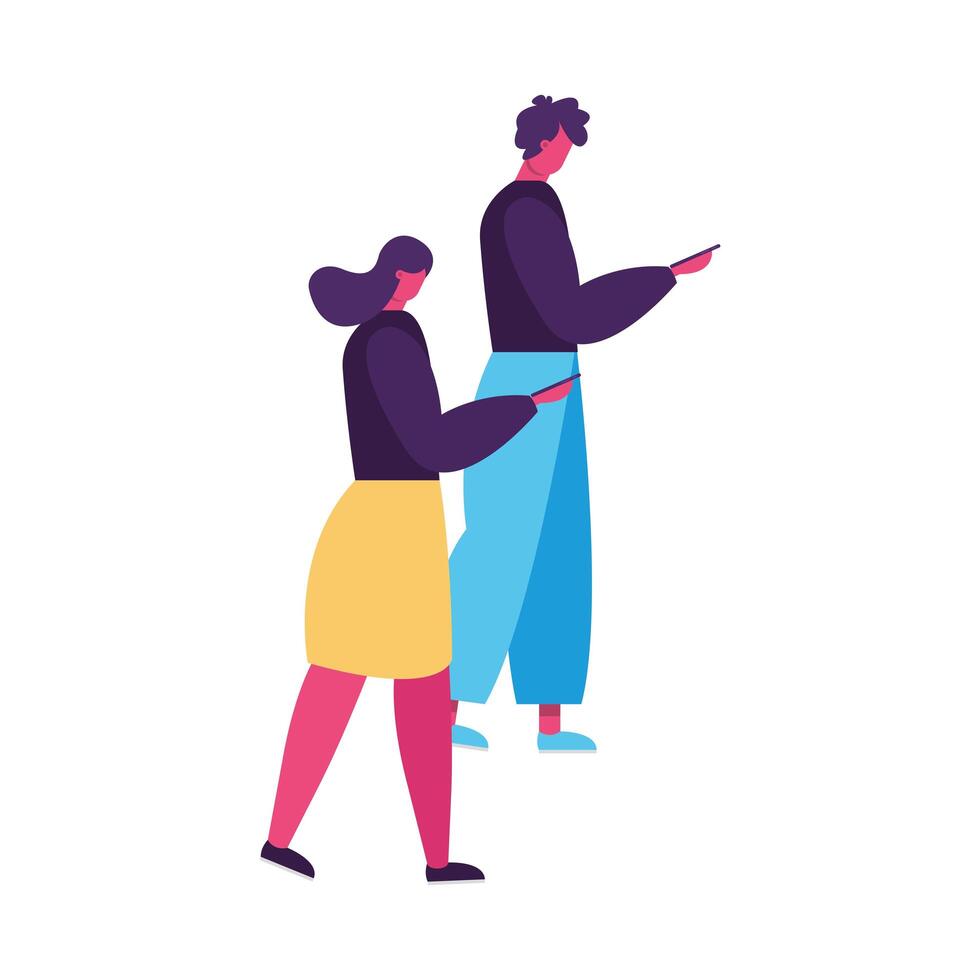 young couple walking and using smartphones avatars characters vector