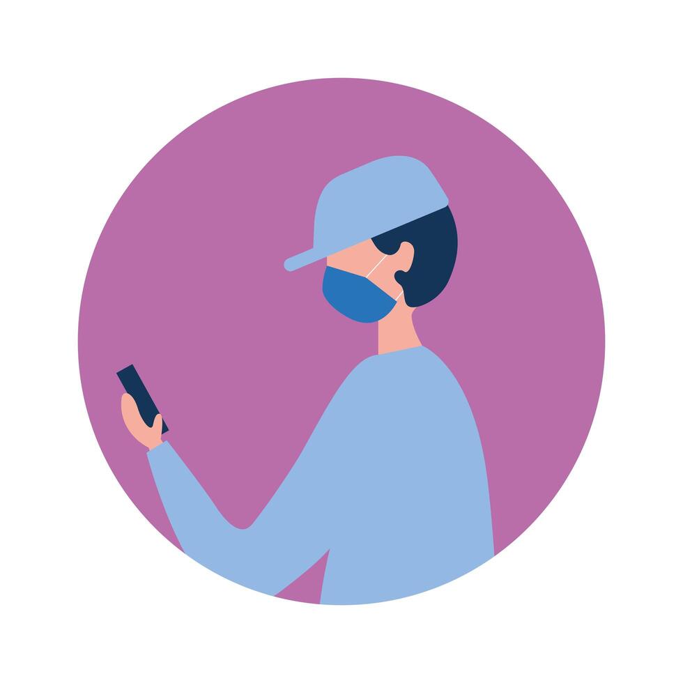 man wearing medical mask using smartphone character vector