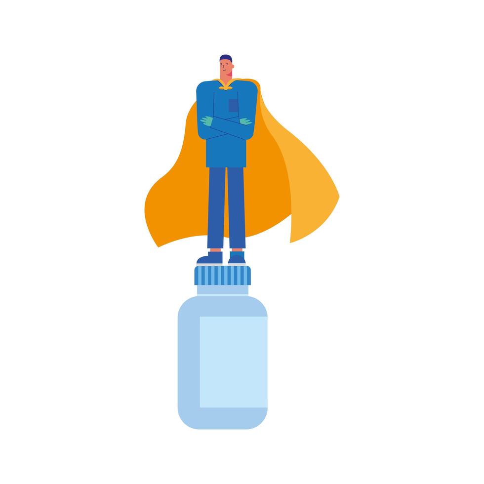 professional doctor surgeon with hero cloak in medicine bottle vector