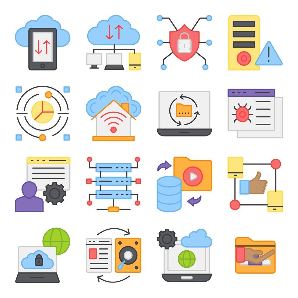 paquete de iconos planos de transferencia de datos en la nube vector