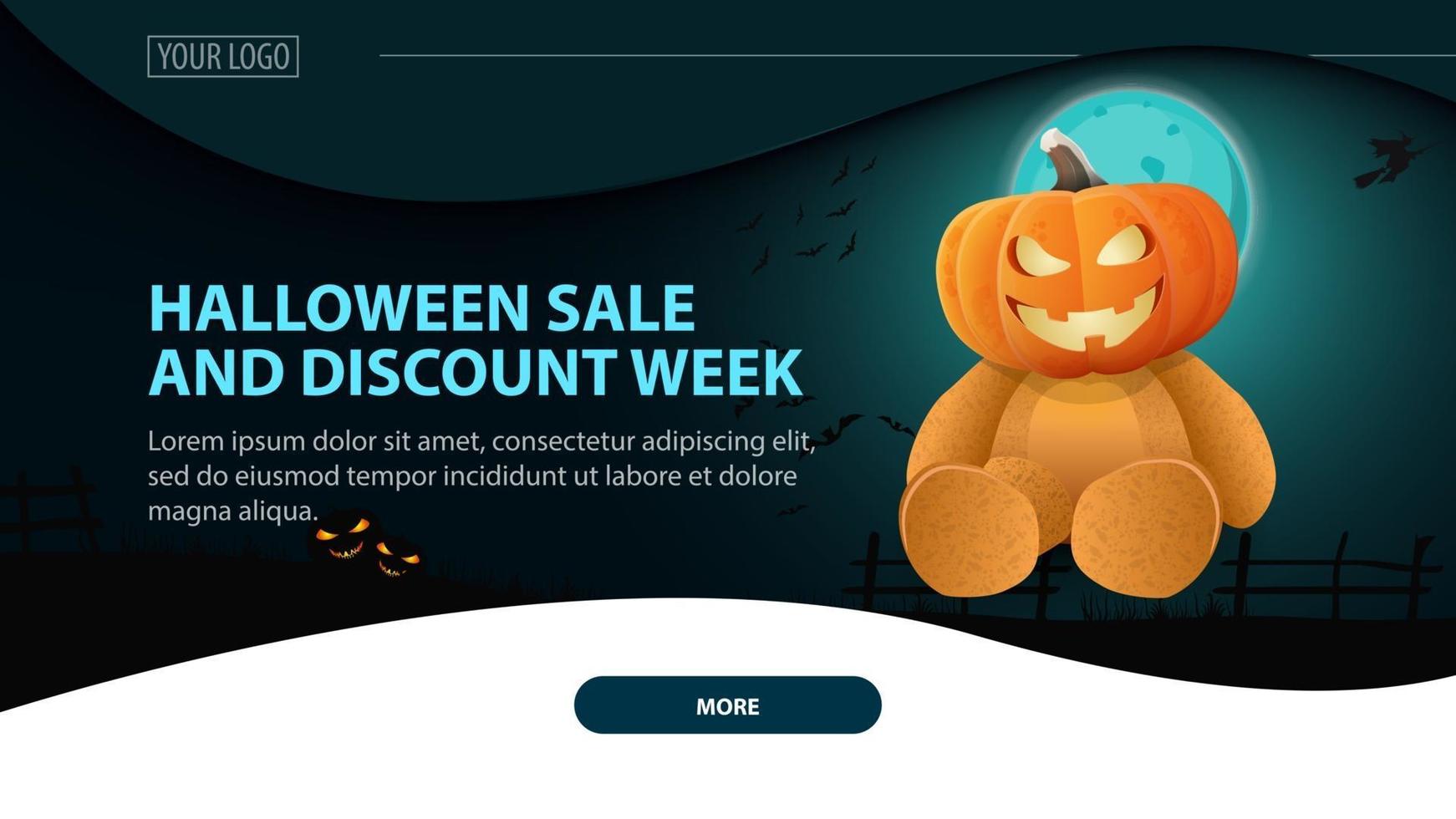 Venta de Halloween y semana de descuento, banner web horizontal moderno con paisaje nocturno en el fondo vector