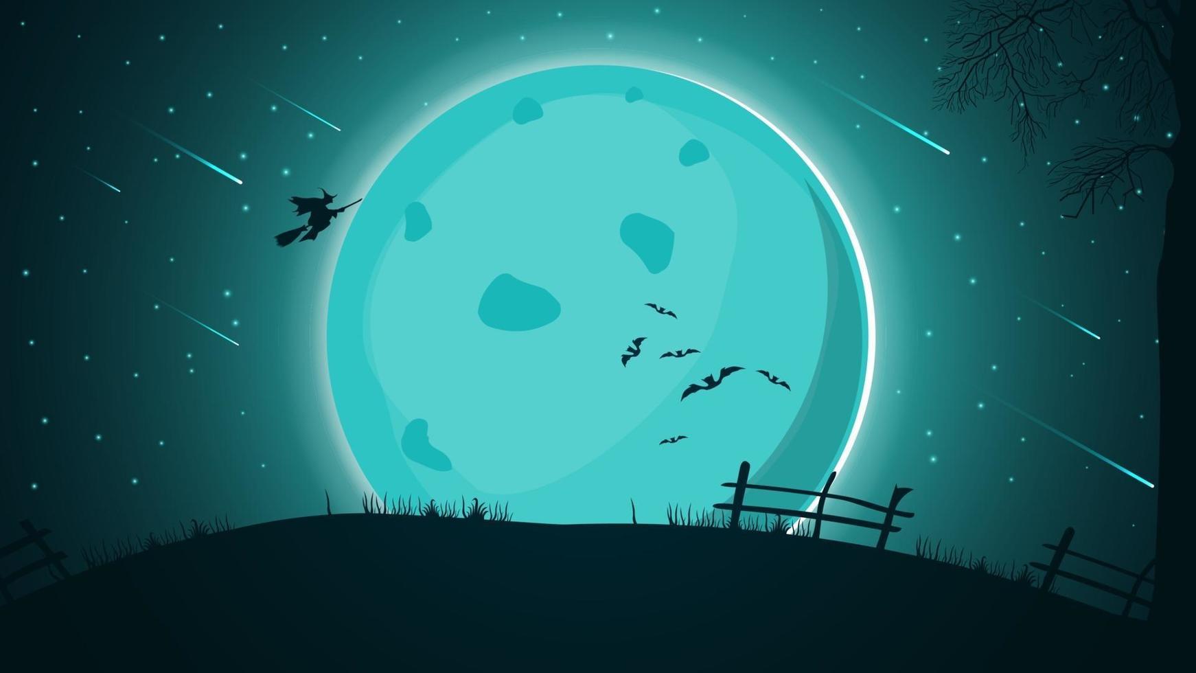 Fondo de halloween, paisaje nocturno con gran luna llena, cielo estrellado con hermosa caída de estrellas y silueta de bruja volando sobre la colina. vector