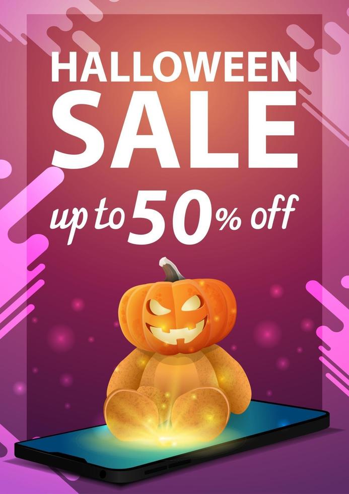 Halloween sale, modern pink vertical banner with the smartphone from which it is projected Teddy bear with Jack pumpkin head vector