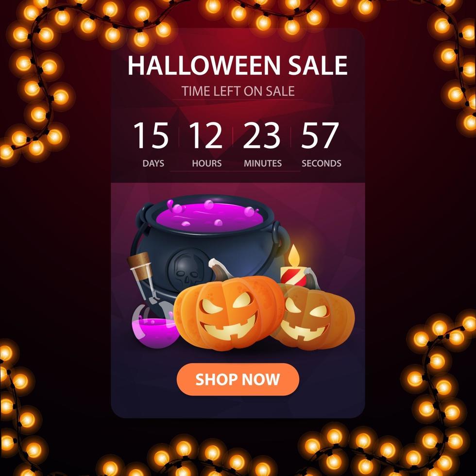 Halloween sale, discount pink vertical banner with countdown timer promotions, modern banner design with polygonal texture, witch's pot and pumpkin Jack vector