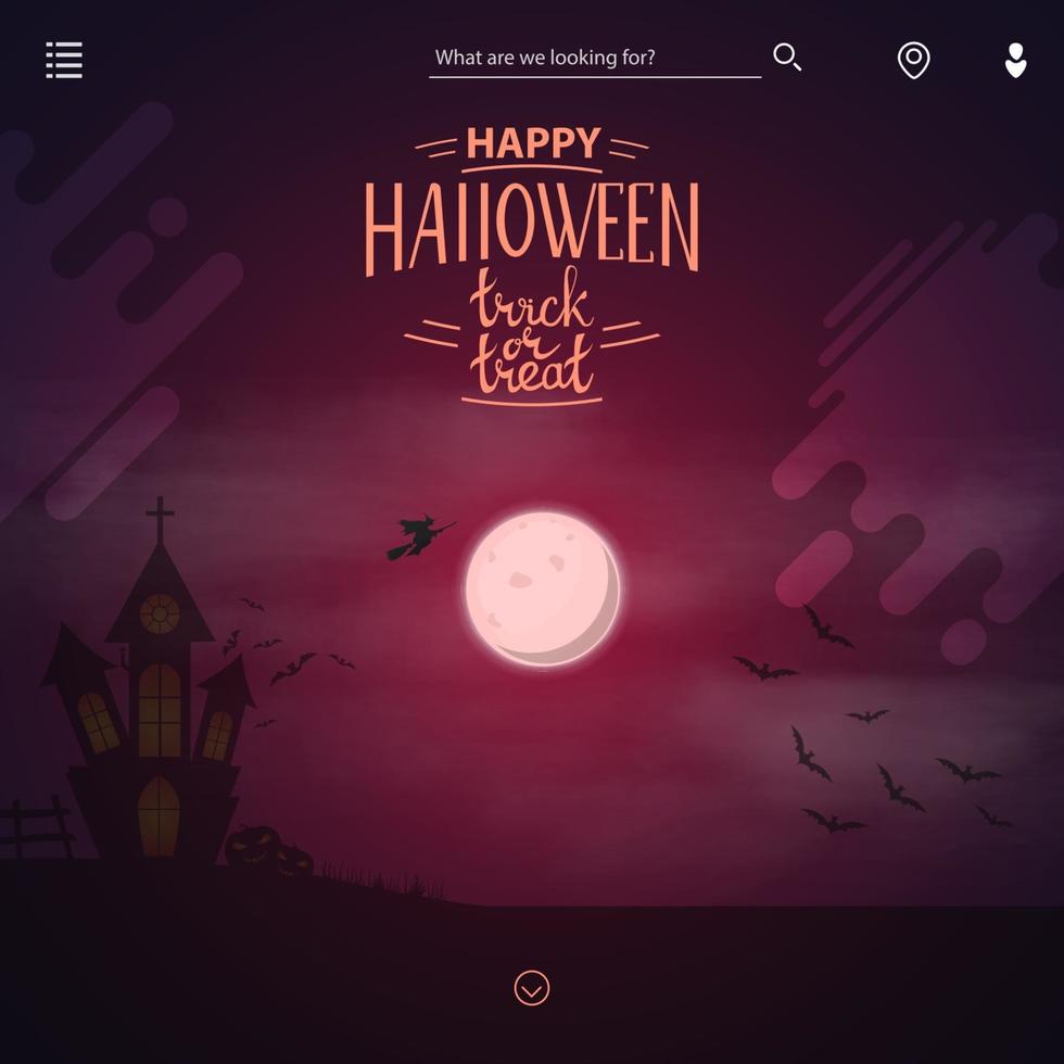 la plantilla de la página principal del sitio web con decoración de halloween. Fondo para el sitio, paisaje con luna roja. vector