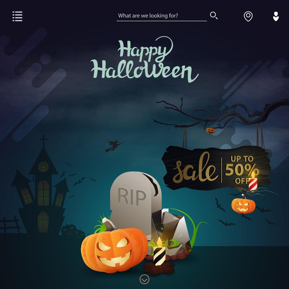 Template for website with Halloween decor. Halloween sale, up to 50 off, discount page for site with tombstone and pumpkin Jack vector