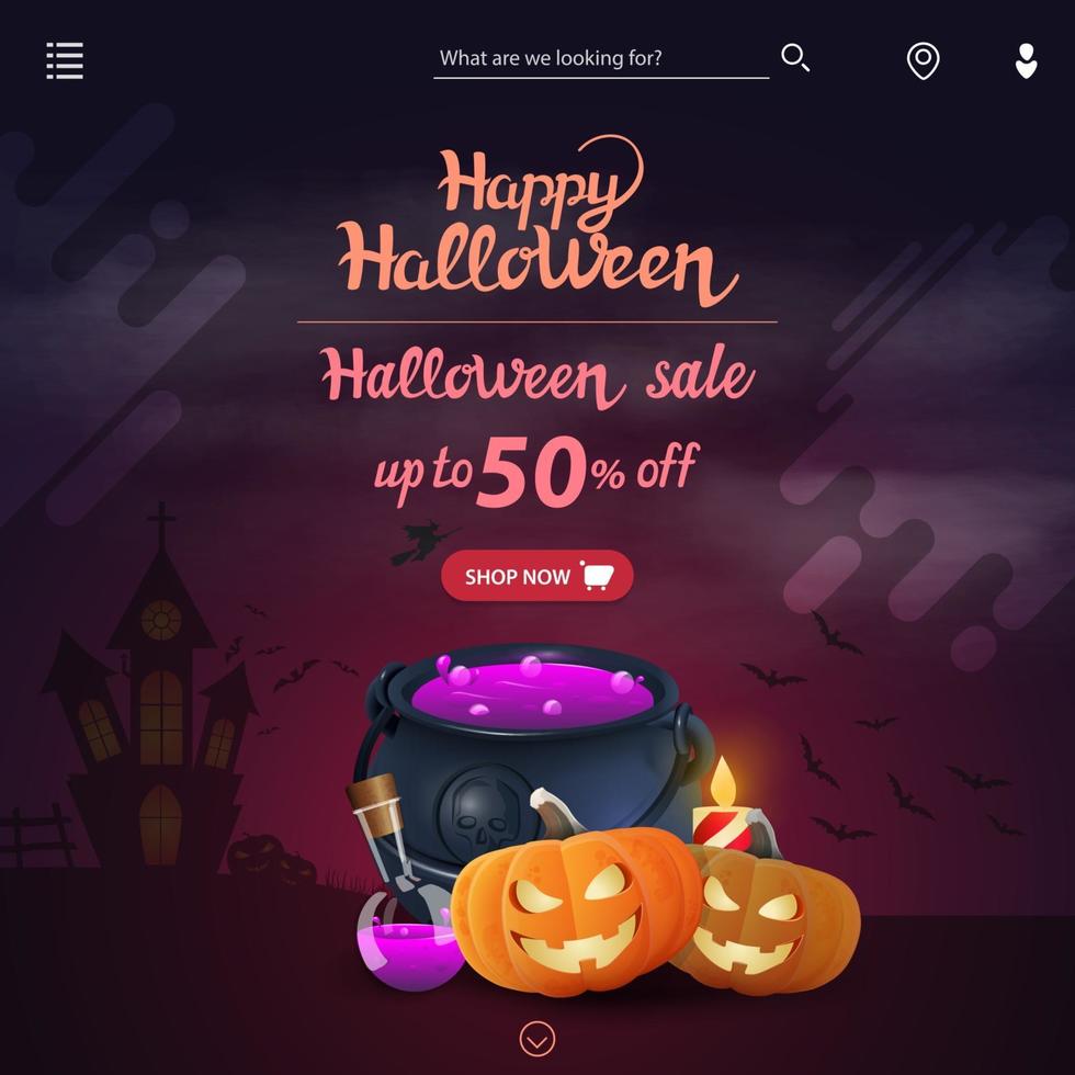 5003The template of the main page of the website with Halloween decor. Halloween sale, up to 50 off, discount page for site with witch's cauldron and pumpkin Jack vector