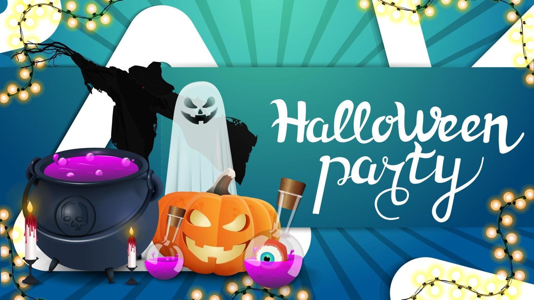 fiesta de halloween, volante de invitación verde con triángulo grande, guirnalda, fantasma, calabaza, caldero de brujas con poción y espantapájaros vector