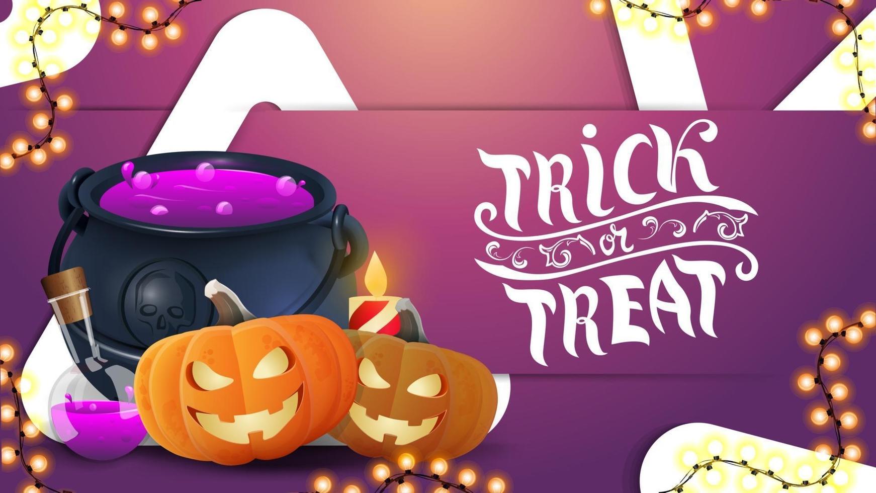 Trick or treat, pink modern volumetric horizontal greeting postcard with large triangle, garland, pumpkin Jack and witch's potion vector