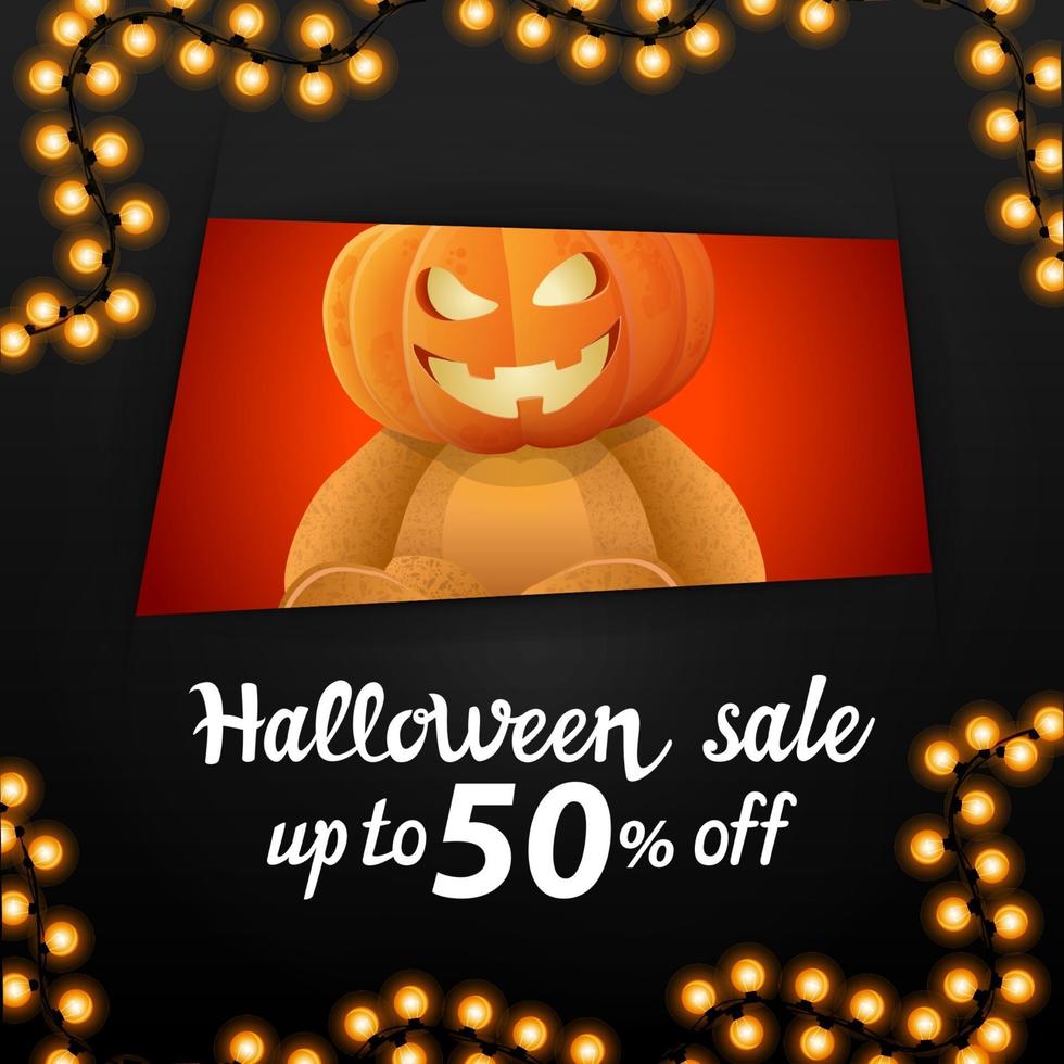 Halloween sale, square black discount banner with a hole that looks at us Teddy bear with Jack pumpkin head. Discount banner with up to 50 off vector