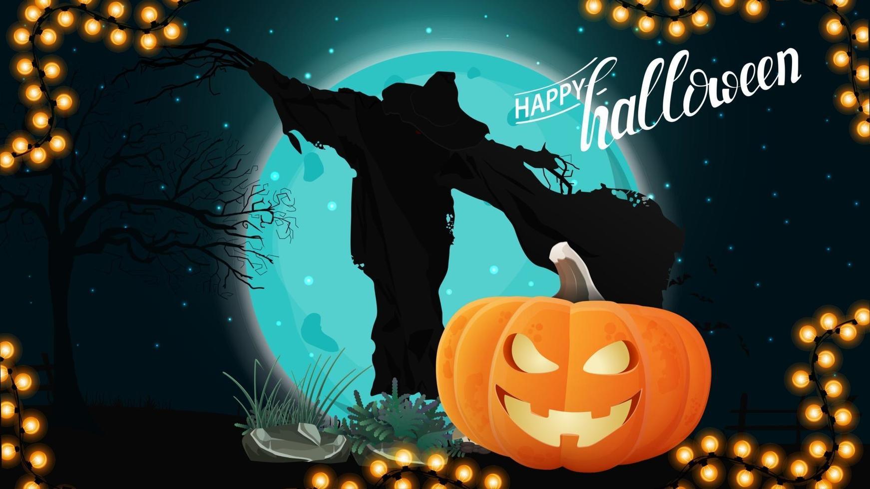 Happy Halloween, horizontal greeting postcard with night landscape, Scarecrow and pumpkin Jack against the moon vector