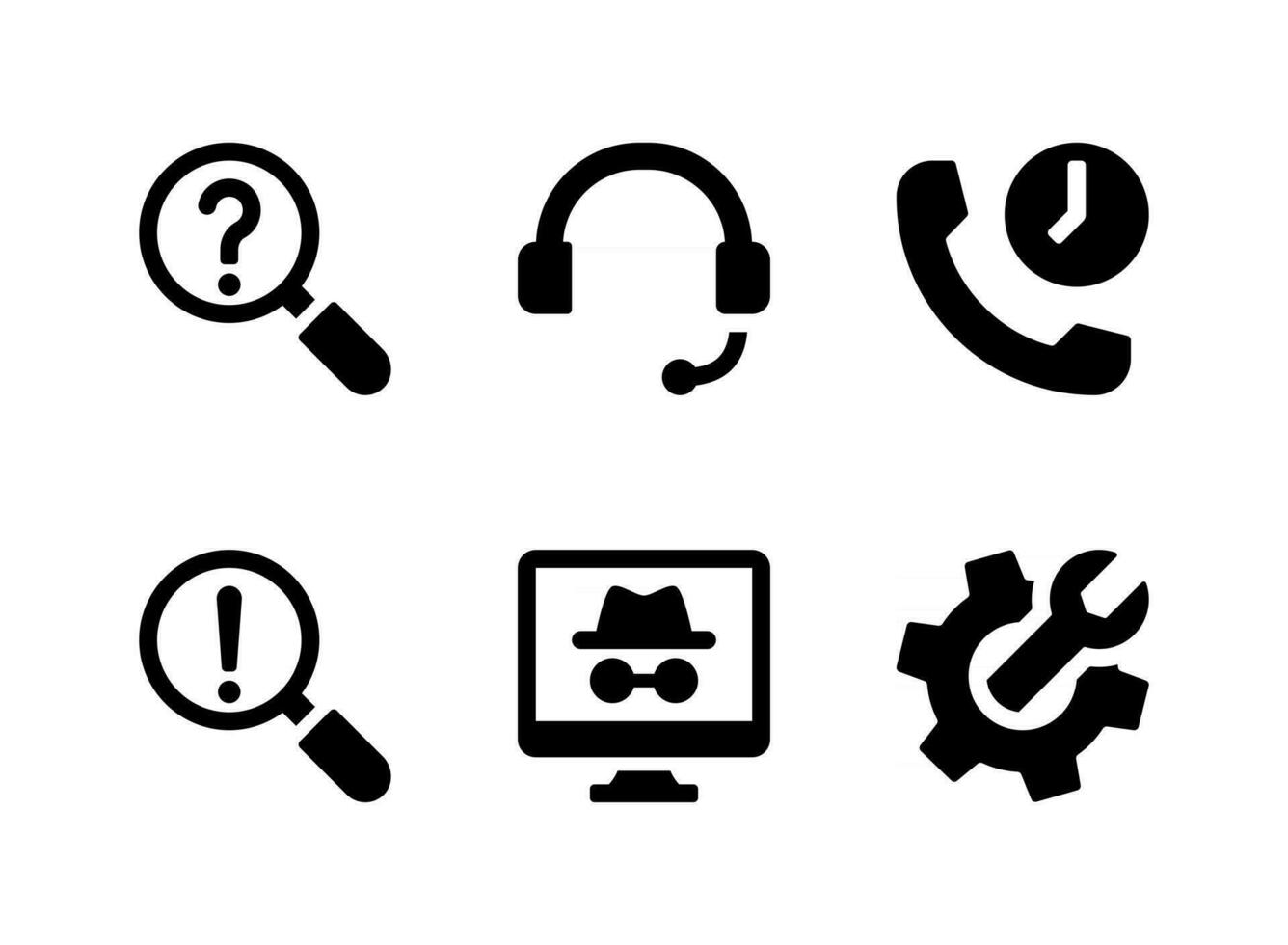 simple conjunto de ayuda y soporte relacionados con iconos sólidos vectoriales. contiene iconos como servicio al cliente, llamada en espera, configuración y más. vector