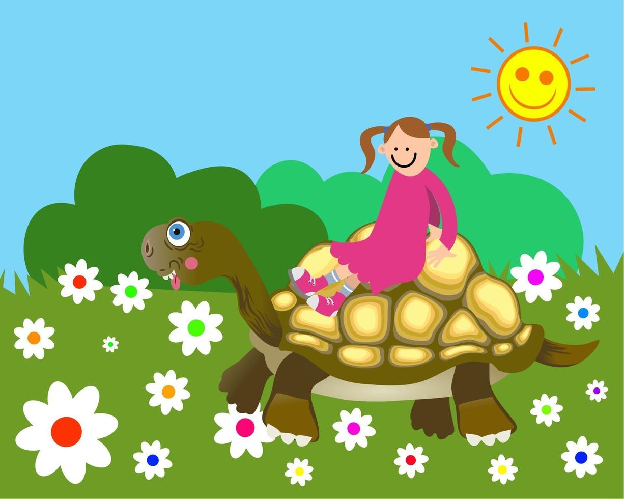 feliz, tortuga, naturaleza, niña vector