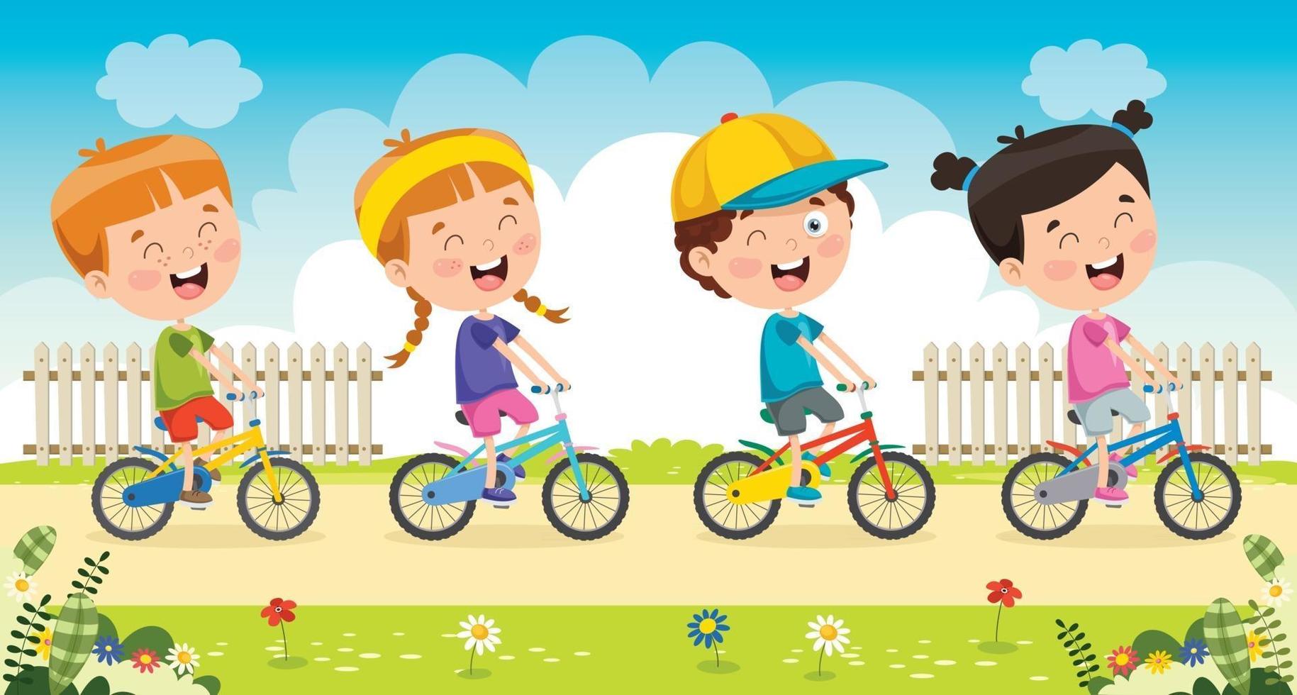 niños felices montando bicicleta vector