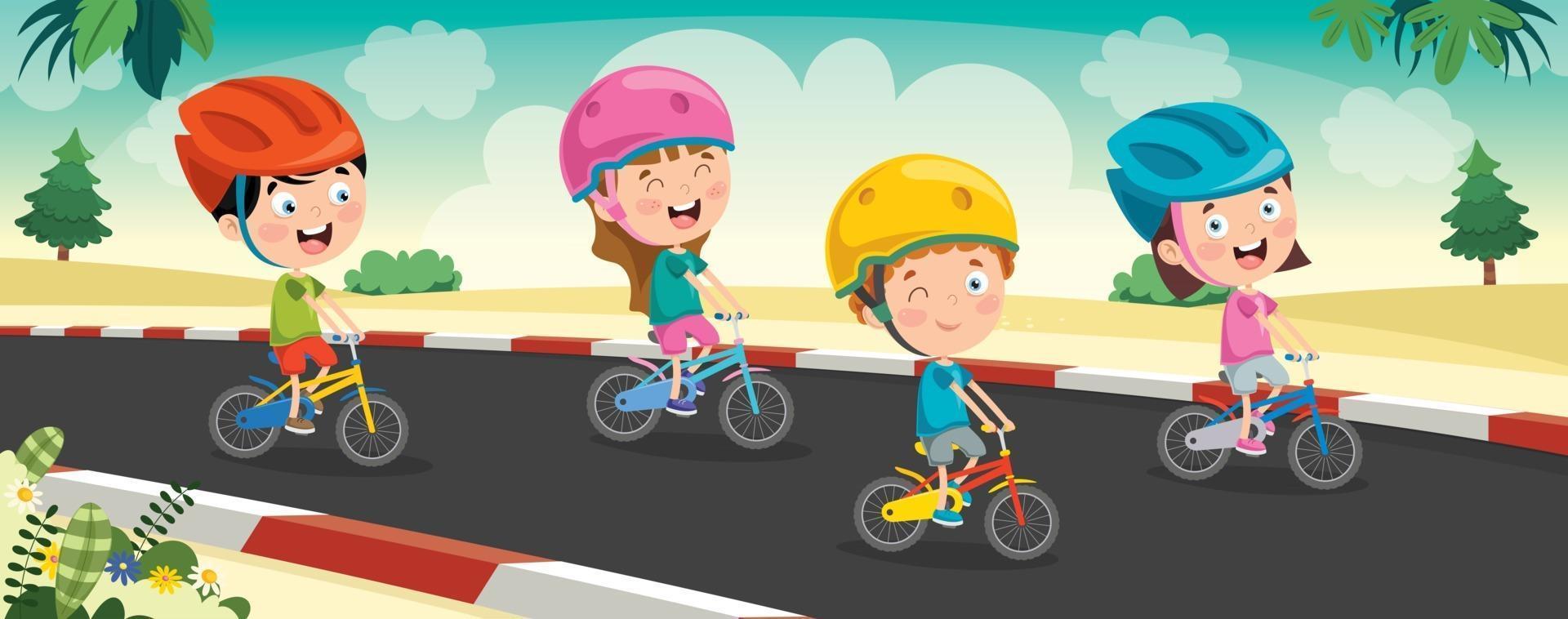 niños felices montando bicicleta vector