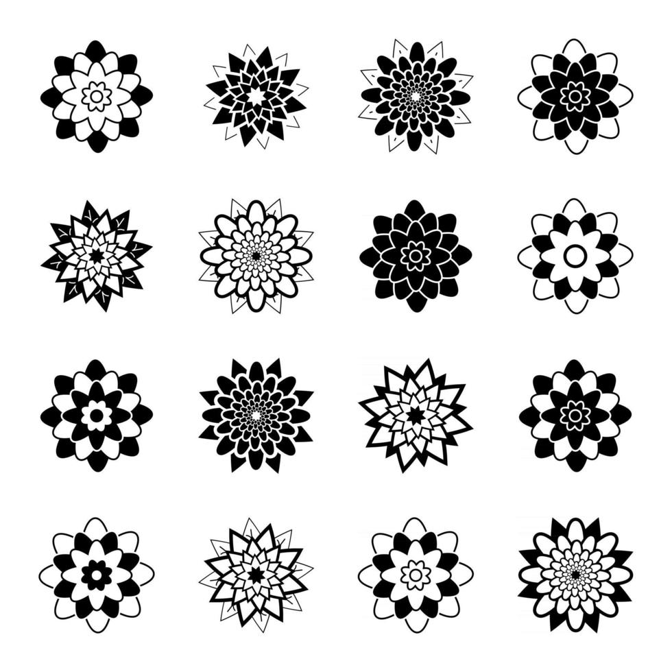 set of black and white isolated flower icons vector