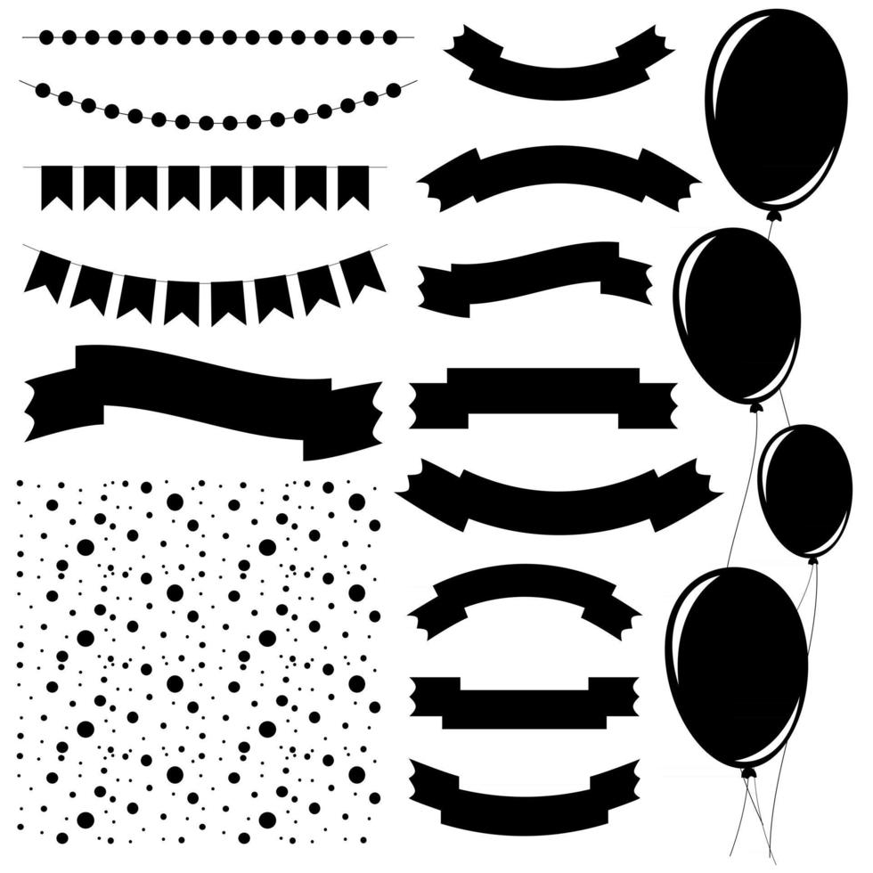 Set of flat black isolated silhouettes of balloons on ropes and garlands of flags. A set of ribbons of banners of different shapes. Background in the form of confetti. vector